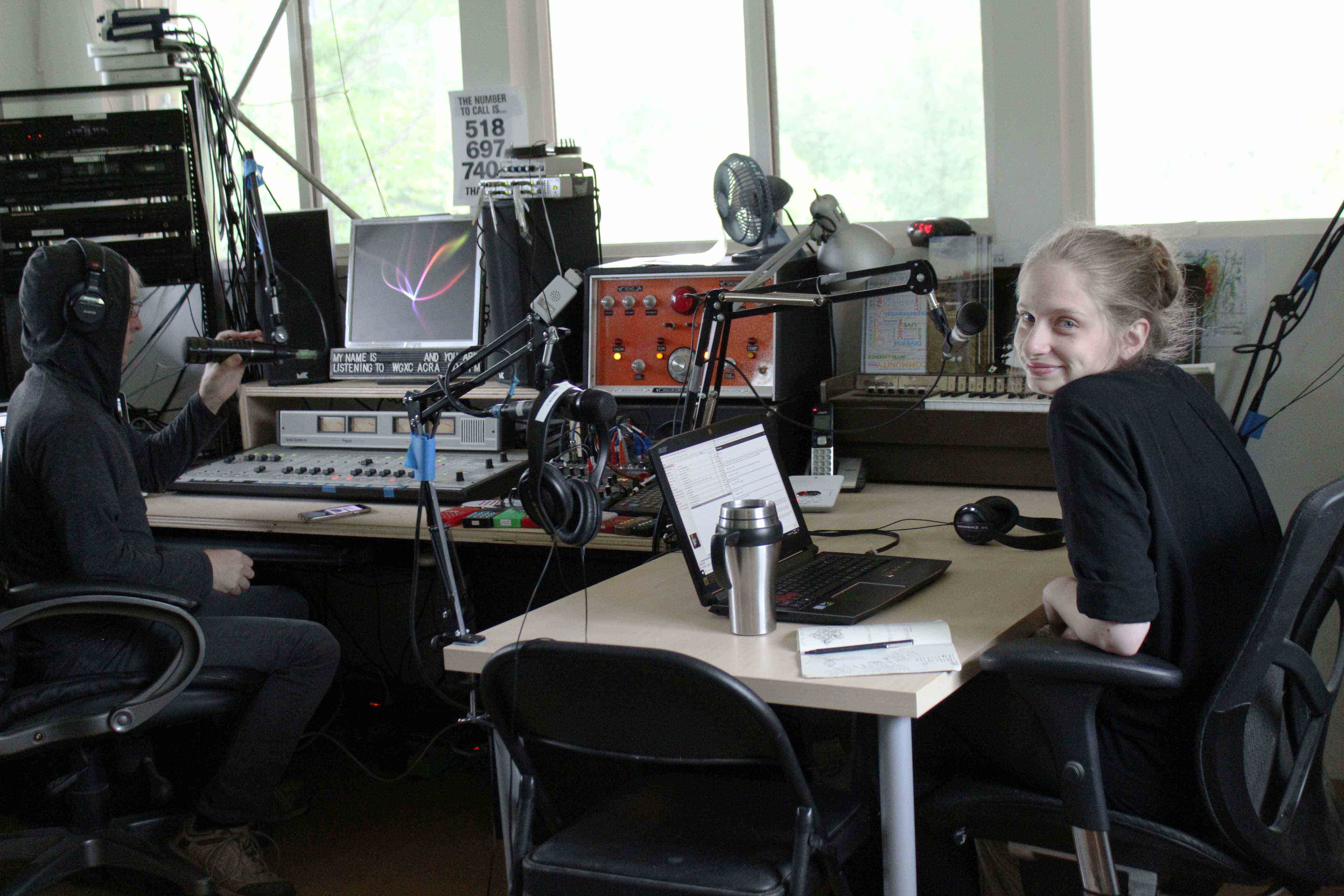 Mollye Bendell and Tom Roe On Air in the Wave Farm/WGXC 90.7-FM Acra Studio