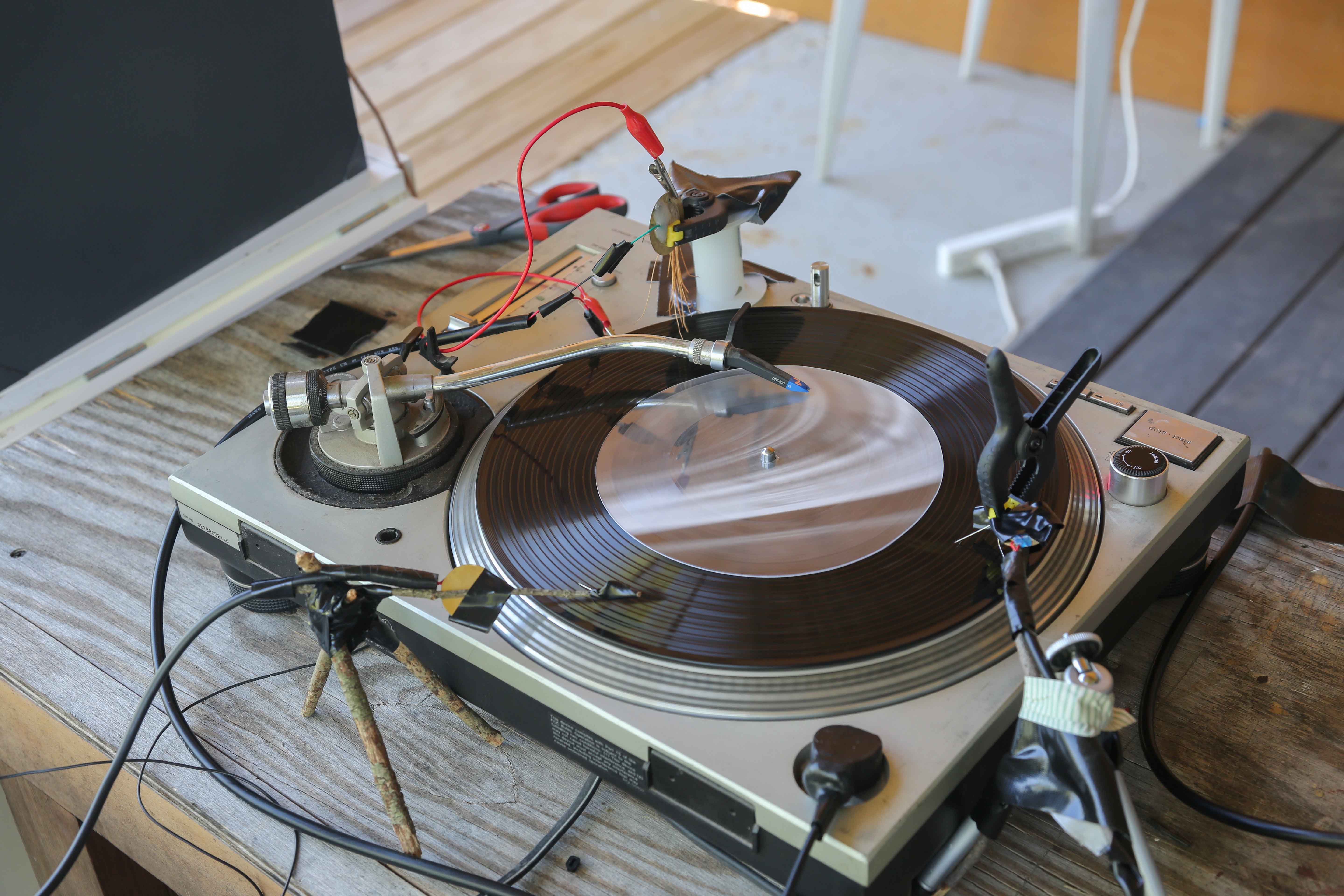 Closeup of Prepared Turntable as Part of “Seven Songs from Seven Planets and a Black Hole at the Heart of the Universe”