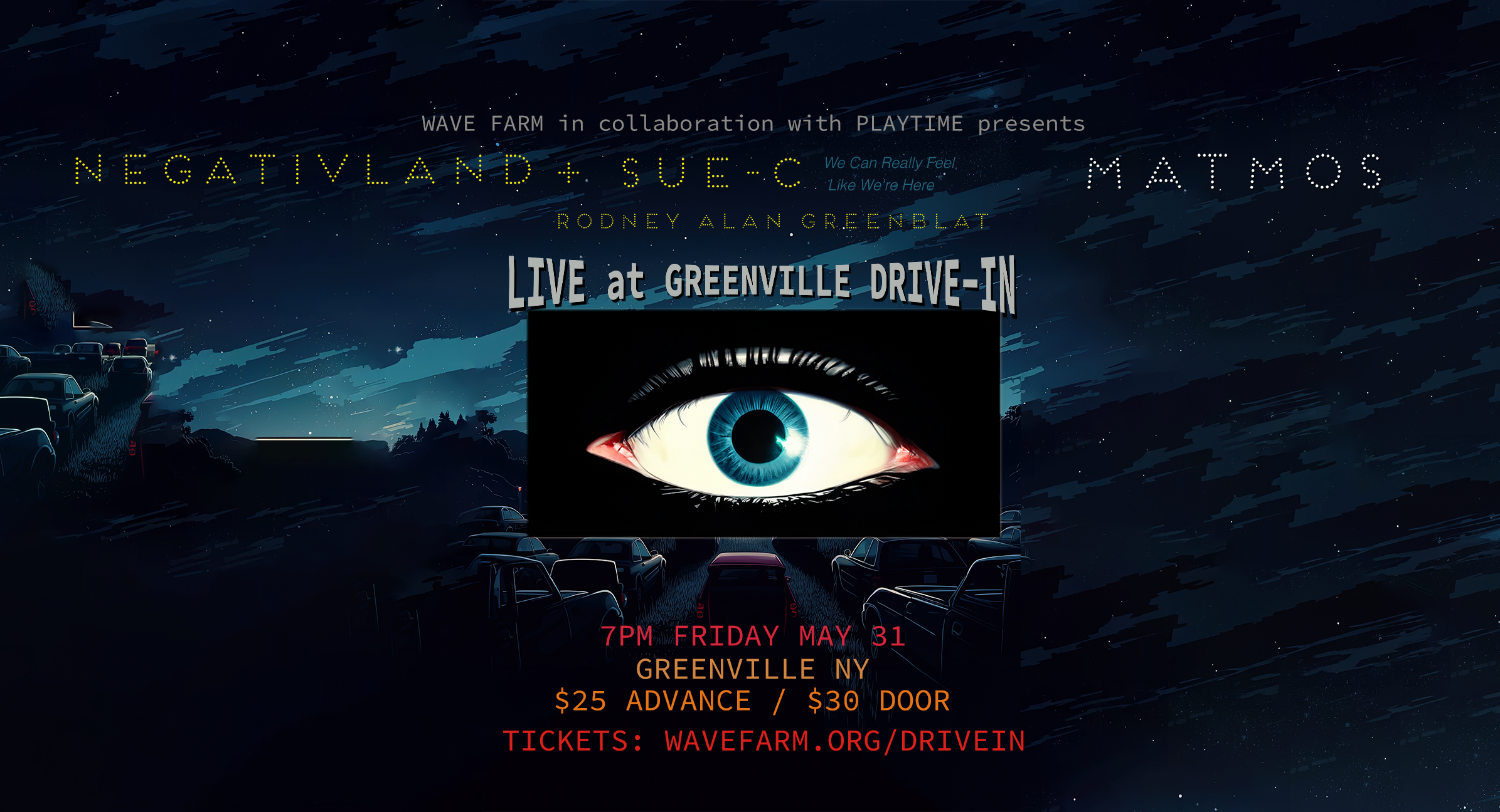 dark blue flyer for Negativland, Matmos, Rodney Alan Greenblat at the Greenville Drive-in