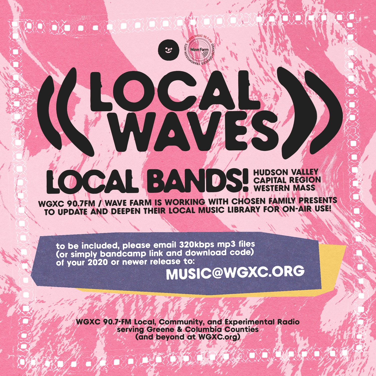 flyer for Local Music Local Waves intiative with a pink and white background and instructions for how to submit music files to music@wgxc.org