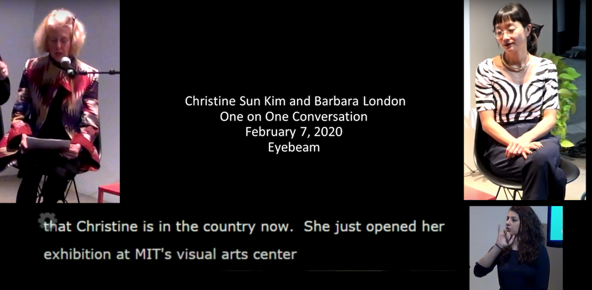 Still from video documentation of Eyebeam One on One with Christine Sun Kim and Barbara London (2020)