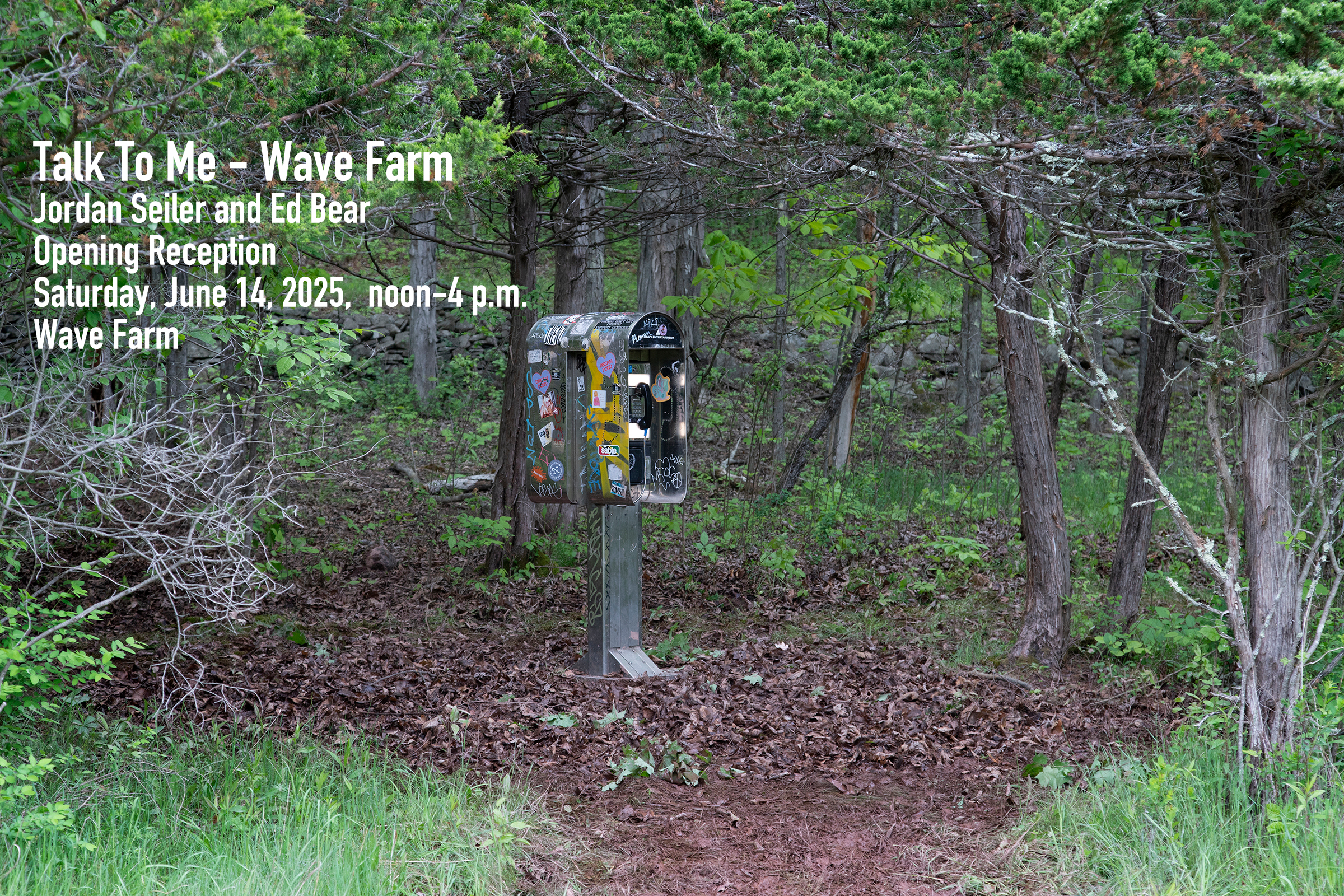 photograph of a double-sided phone booth in a forest. With text that reads Talk To Me - Wave Farm
Jordan Seiler and Ed Bear 
Opening Reception
Saturday, June 14, 2025,  noon-4 p.m.
Wave Farm