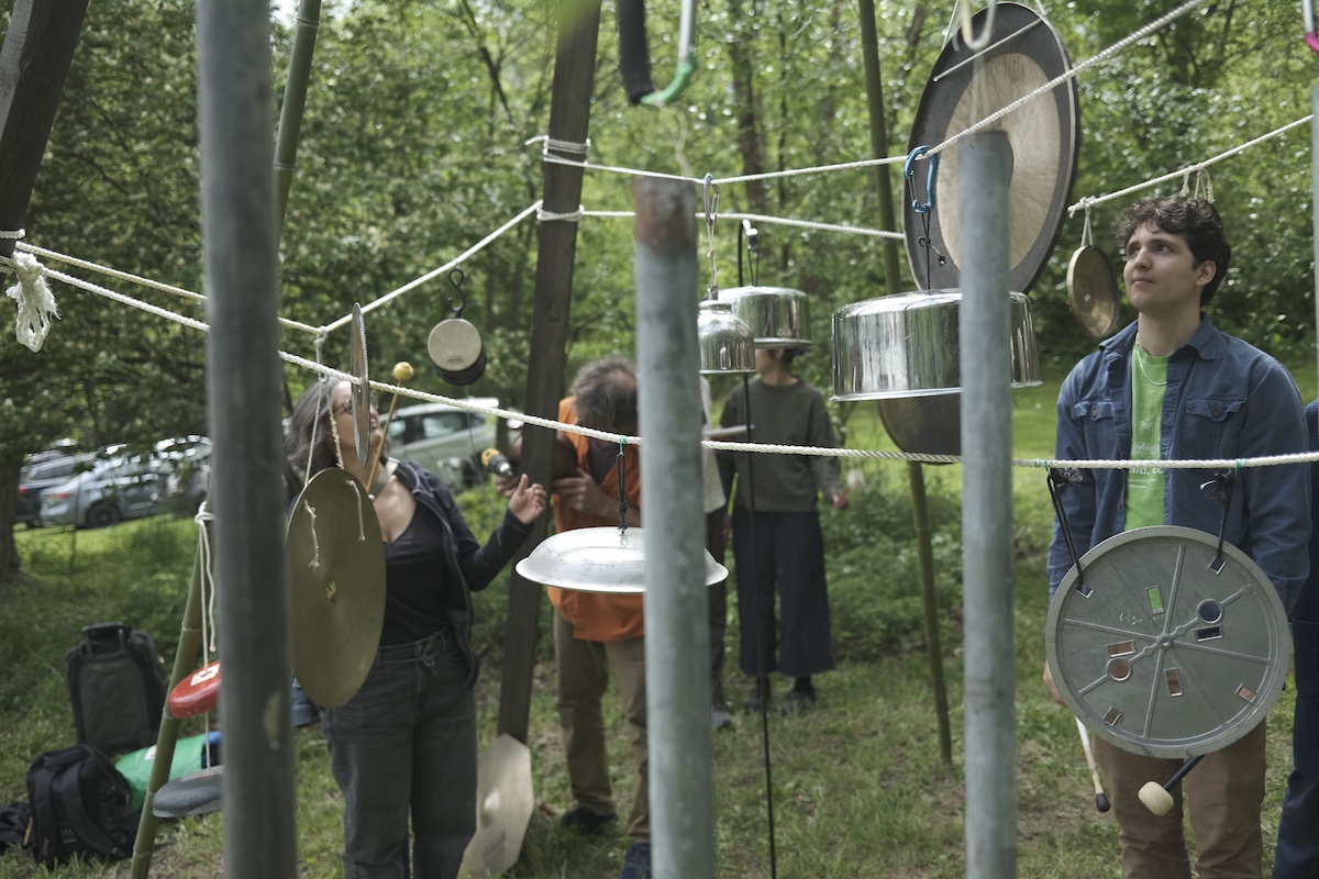The Gong Teepee interactive sculpture for audience participation at Drone Day 2025 in Marlboro NY